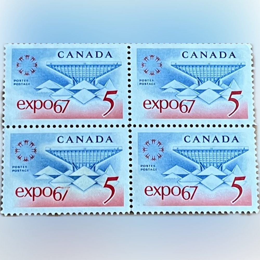 🎈5/$20 - #469 CANADA 1967 “Expo ‘67, Canadian Pavilion” 5¢ 4-Stamp Block.